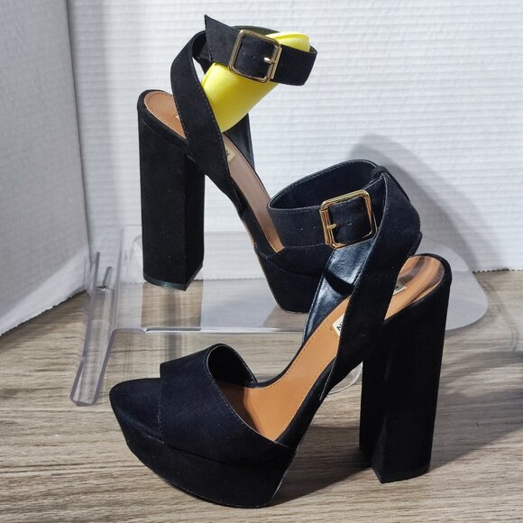 Steve Madden Kali Chunky Heels women's size 8.5 black flocked fabric - Picture 1 of 11